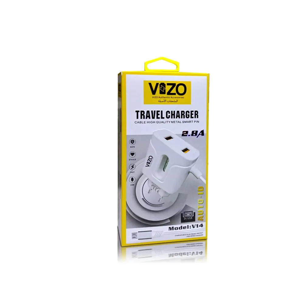 VIZO V14 Fast Charger 2.8A With Copper Connector | Android Mobile Phone Charging Adapter with Usb Data cable