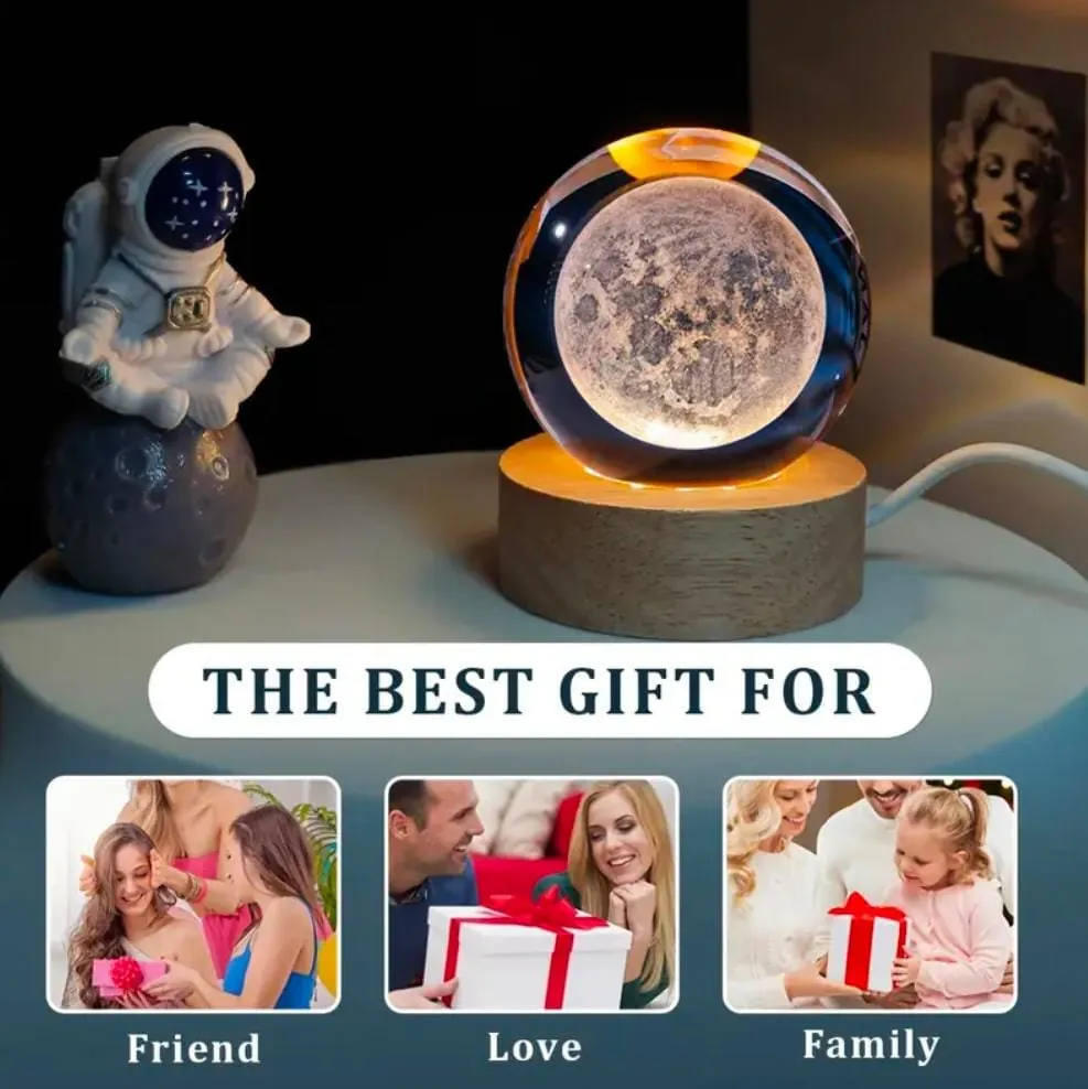 3D Galaxy Crystal Ball Night Light for Kids with USB Table Colorful LED Wooden Light Base, Birthday Gift for Teens Boys and Girls/ Crystal Ball for Home Decoration (Random Design)
