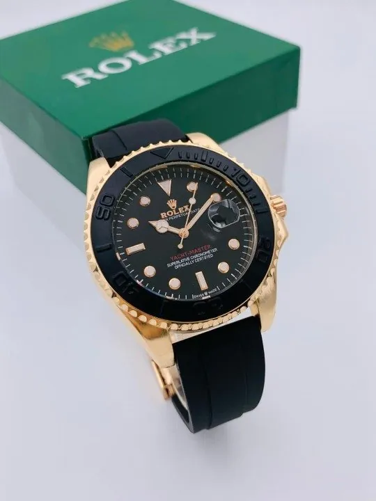 ( Golden ) Rolex Stylish Watch for Men Adjustable Rubber Strap | Heavy Master Lock | Steel Buzzle Working - Without Box