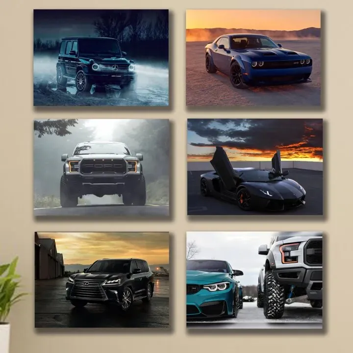 set of 6 sports car themed wooden canvas frames / super cars sticky phototiles