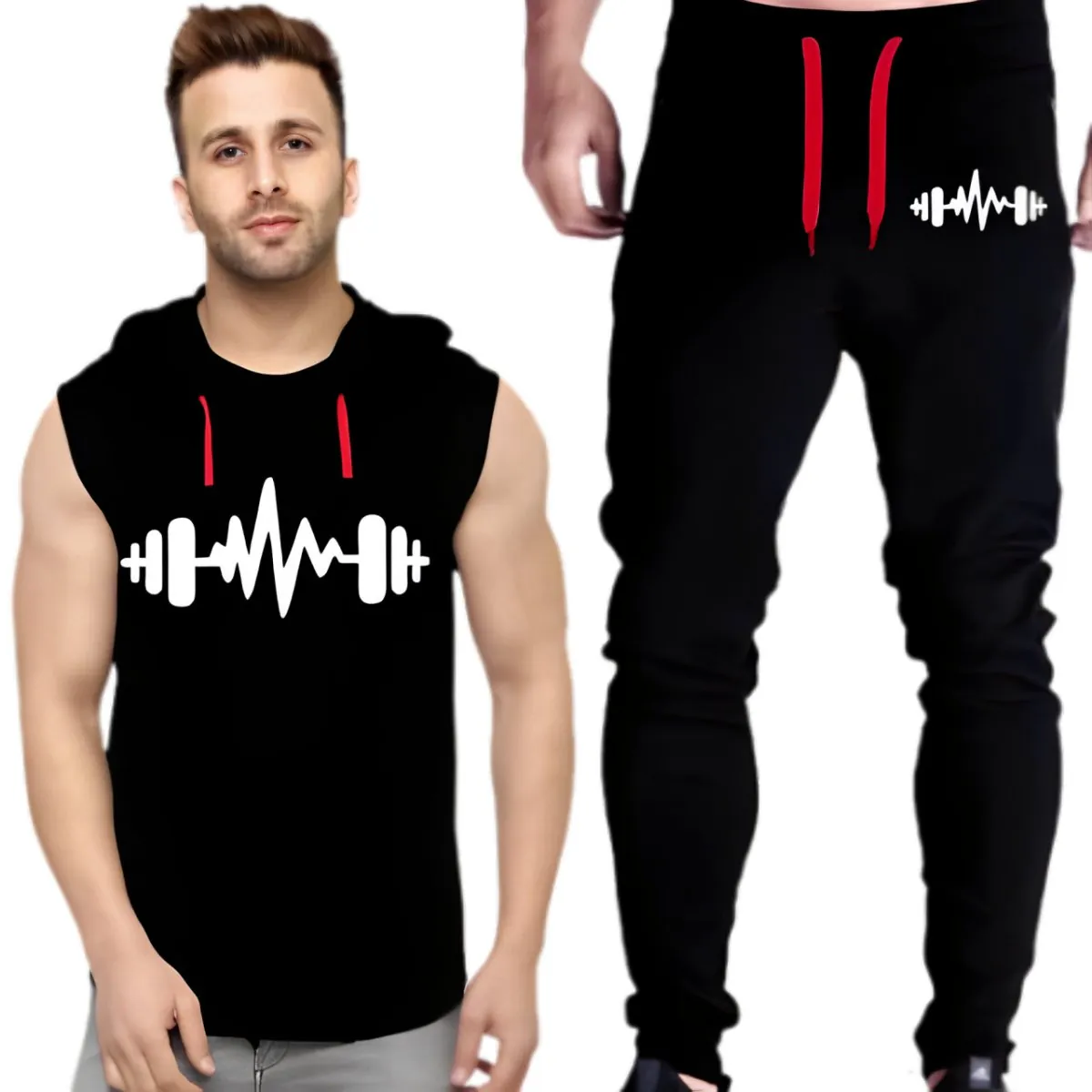 Black Vinyl Dumble Printed Gym Summer Hooded Sleeveless Tracksuit for Mens (Hooded + Trouser)