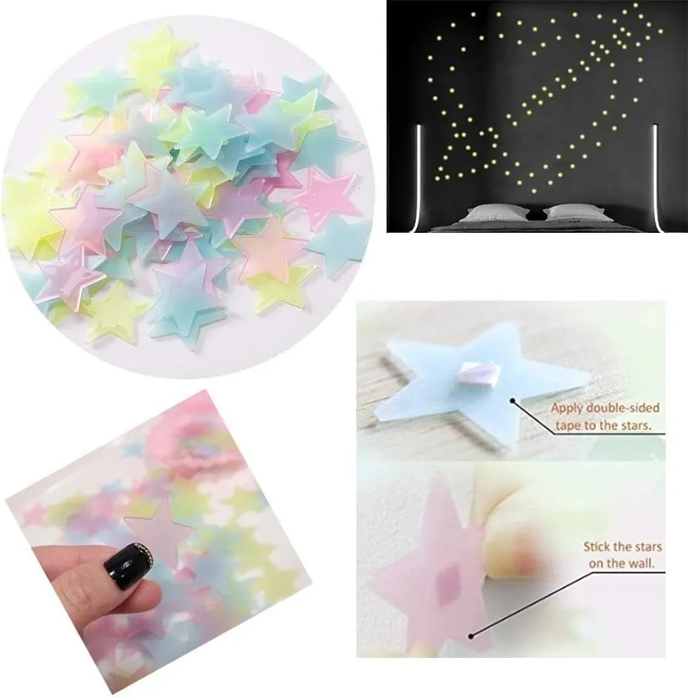 Pack of 100 – 3D Glowing Stars for Ceiling and Wall Decoration – Luminous Night Sky Stickers for Kids’ Rooms, Bedrooms, and Nurseries – Glow-in-the-Dark Wall Decals with Adhesive