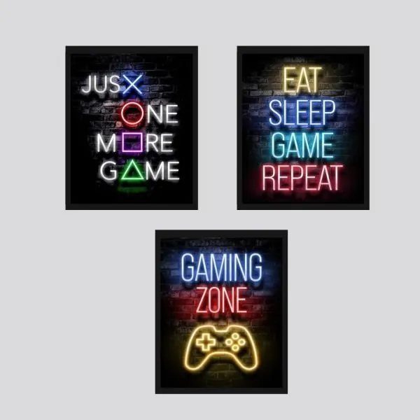 Set Of 3 Gaming Text Neon Wall Frames 8x11 inches size / Wall Frame For Room Decoration