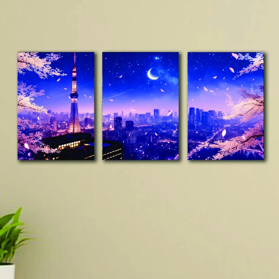 3pcs Blue City sticky phototile wall frames Wooden Material for home decor 8x11inches