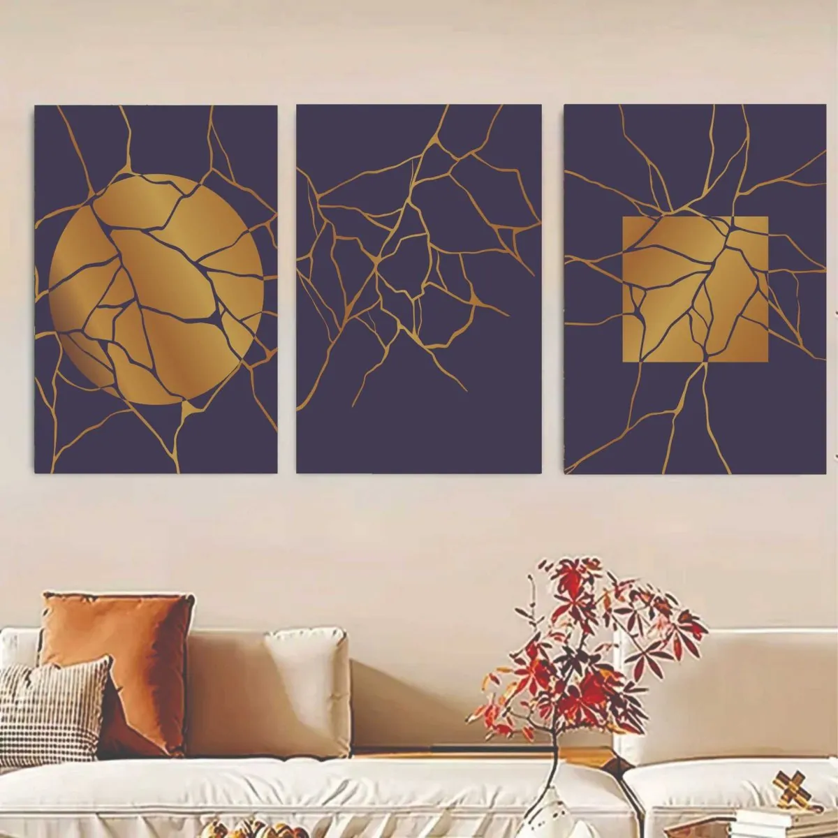 Set Of 3, Abstract golden moon Wall Art Photo Canvas Wooden Tile Frame