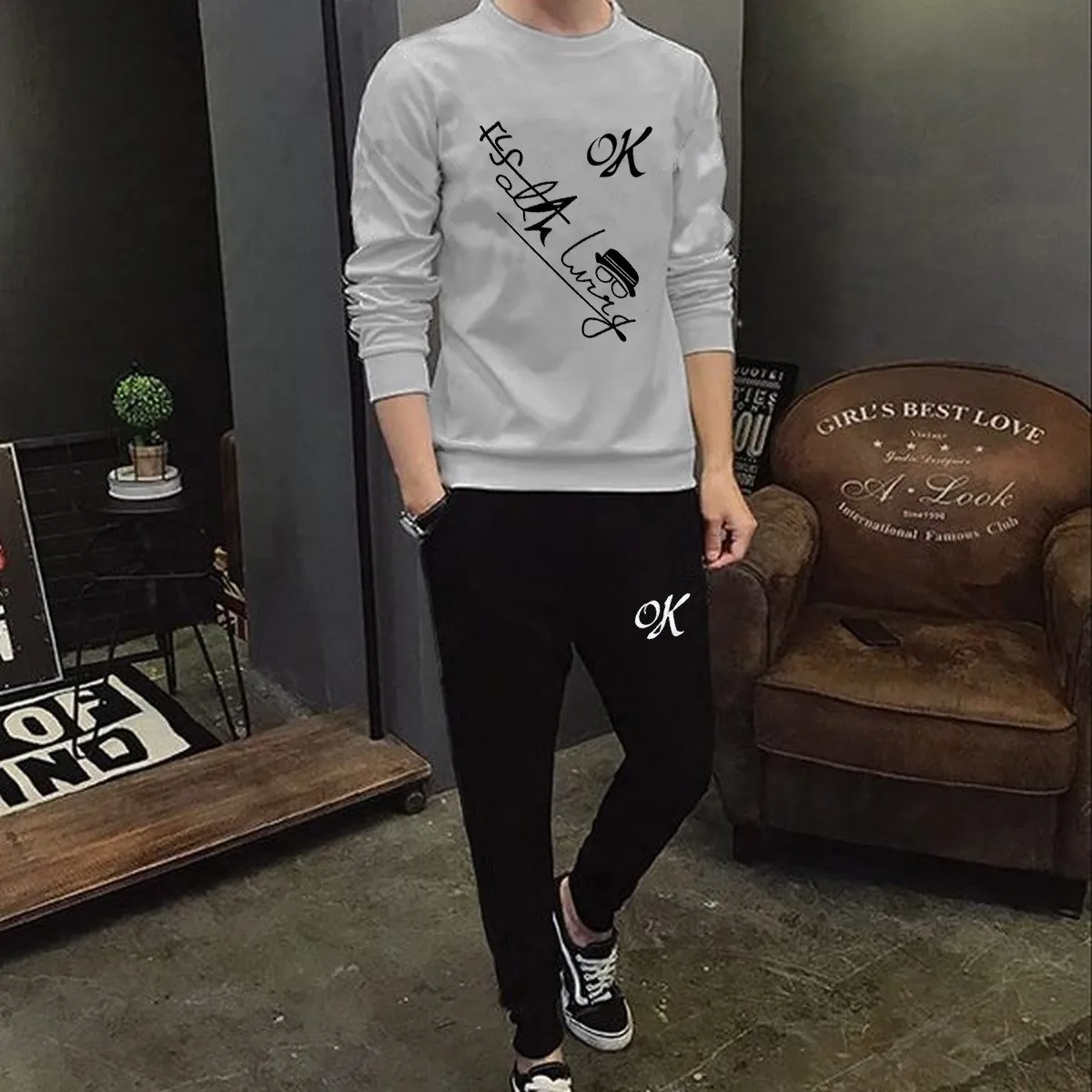 Men's OK Printed Tracksuit Jersey Cotton T-Shirt And Trouser Set Casual Summer Sportswear