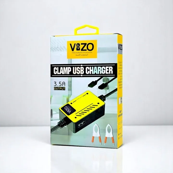 Vizo V5000 – Multi-Port Clip Charger | V5000 – 3.5A Multi-Port Clip Charger with Micro USB, Type-C & USB-A | Versatile Clamp Design for Smartphones & Tablets