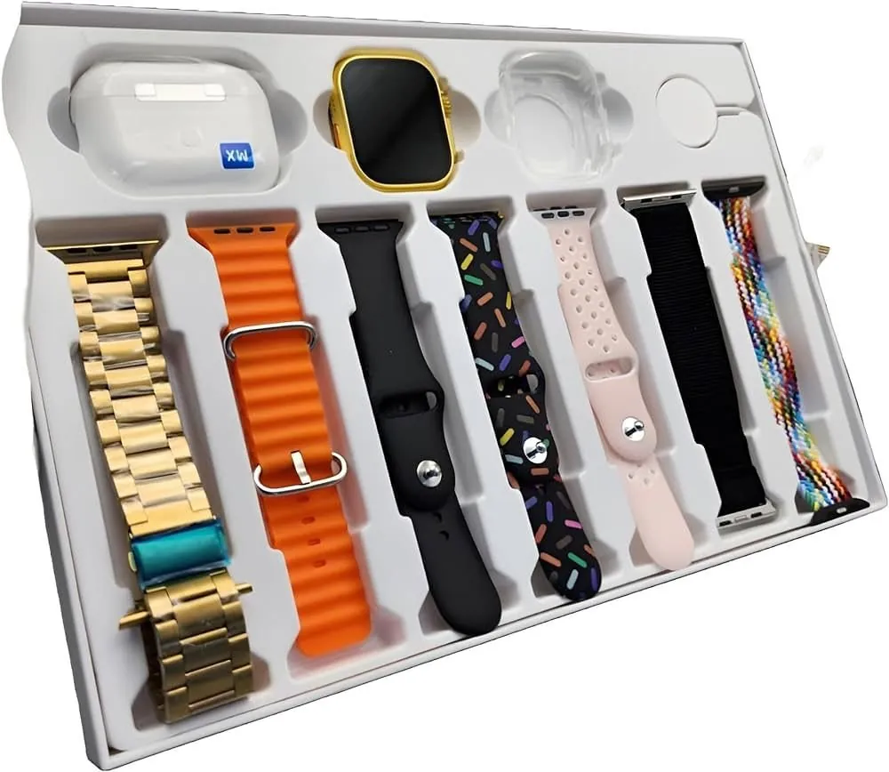 I20 Ultra Max Suit Smartwatch 10-in-1 Box – 2.3-Inch Large Display with 7 Mixed Color Straps and AirPods 2 – Complete Smart Combo Set for Men and Women (Random Color)