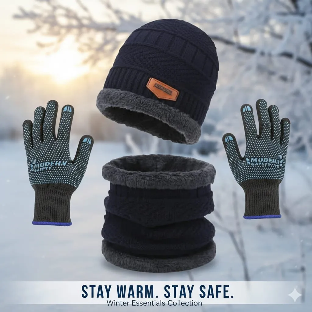 Premium Knitted Beanie Cap, Neck Gaiter And Touchscreen Gloves Combo Pack | Complete Winter Essentials For Cold Weather Protection (Random Color)