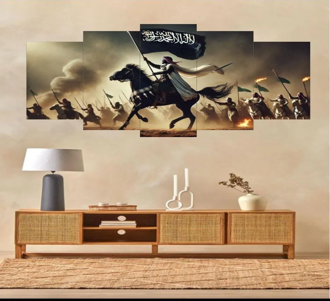 Islamic Warrior Canvas Wall Art – Set of 5 Panels (16x40 inches) | Wooden Sticky Tile Frames with Double Tape