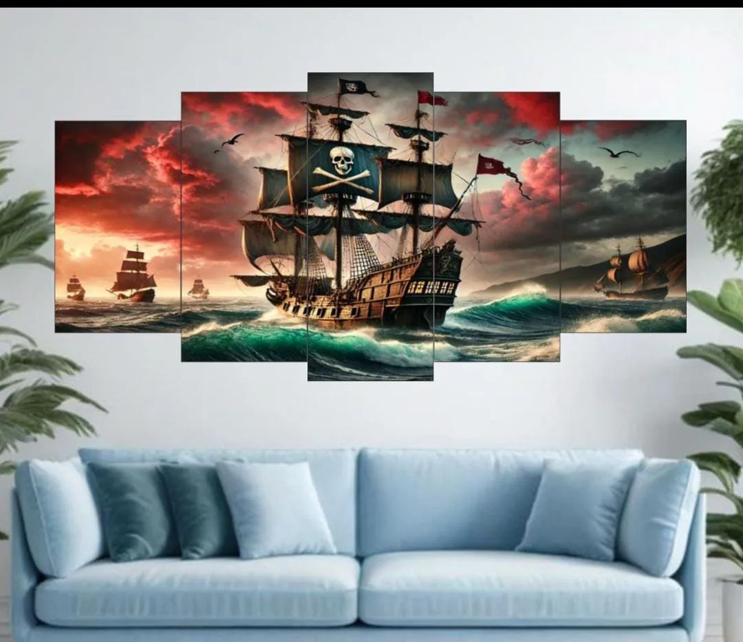 Pirate Ship Ocean Voyage Wall Art – 5-Piece Canvas Set (16x40 inches) | Wooden Sticky Tile Frames with Double Tape
