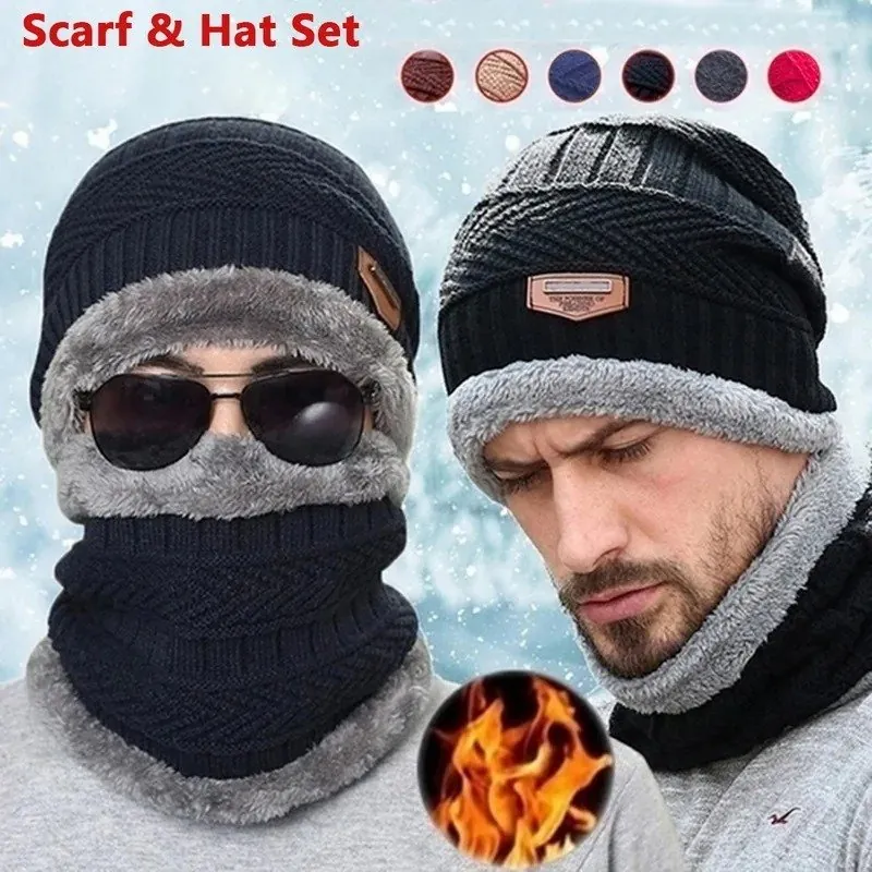 Winter Beanie Hat For Men Fleece Scarf Women Knitted Hat Warm Cap Thick Wool Neck Warmer Scarf Balaclava Mask Skullies Beanies (Random Color)