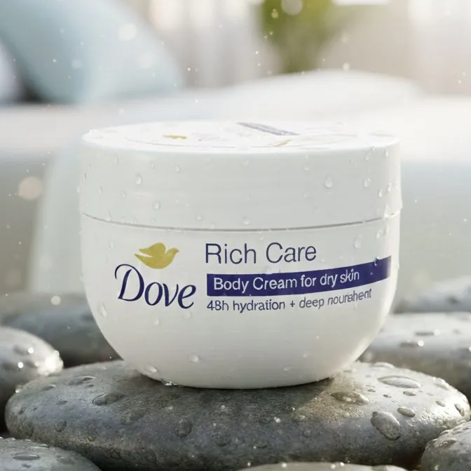 A Radiant Oasis of Hydration: Dove Rich Care Body Cream – 48h Moisture & Deep Nourishment Captured in Nature's Light