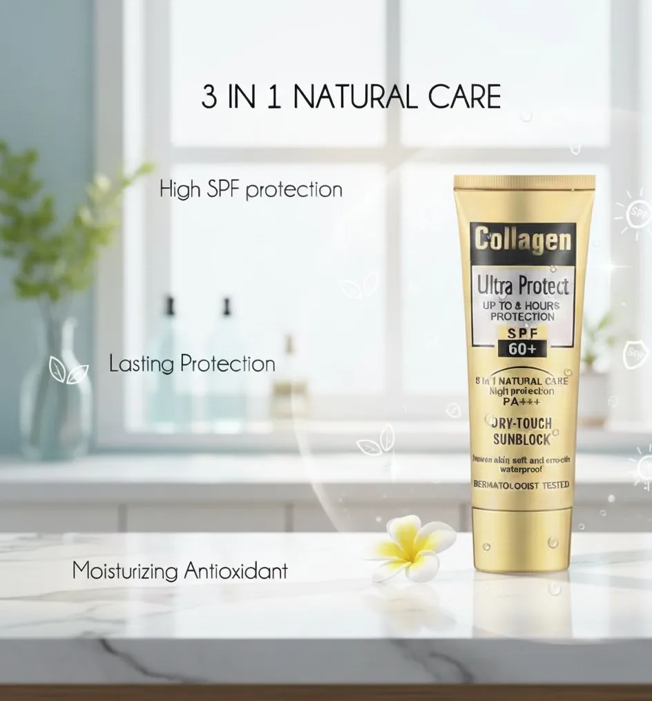 Collagen Ultra Protect Sunblock: High SPF 60+ PA+++, 3-in-1 Natural Care for Lasting, Moisturizing, and Waterproof Protection
