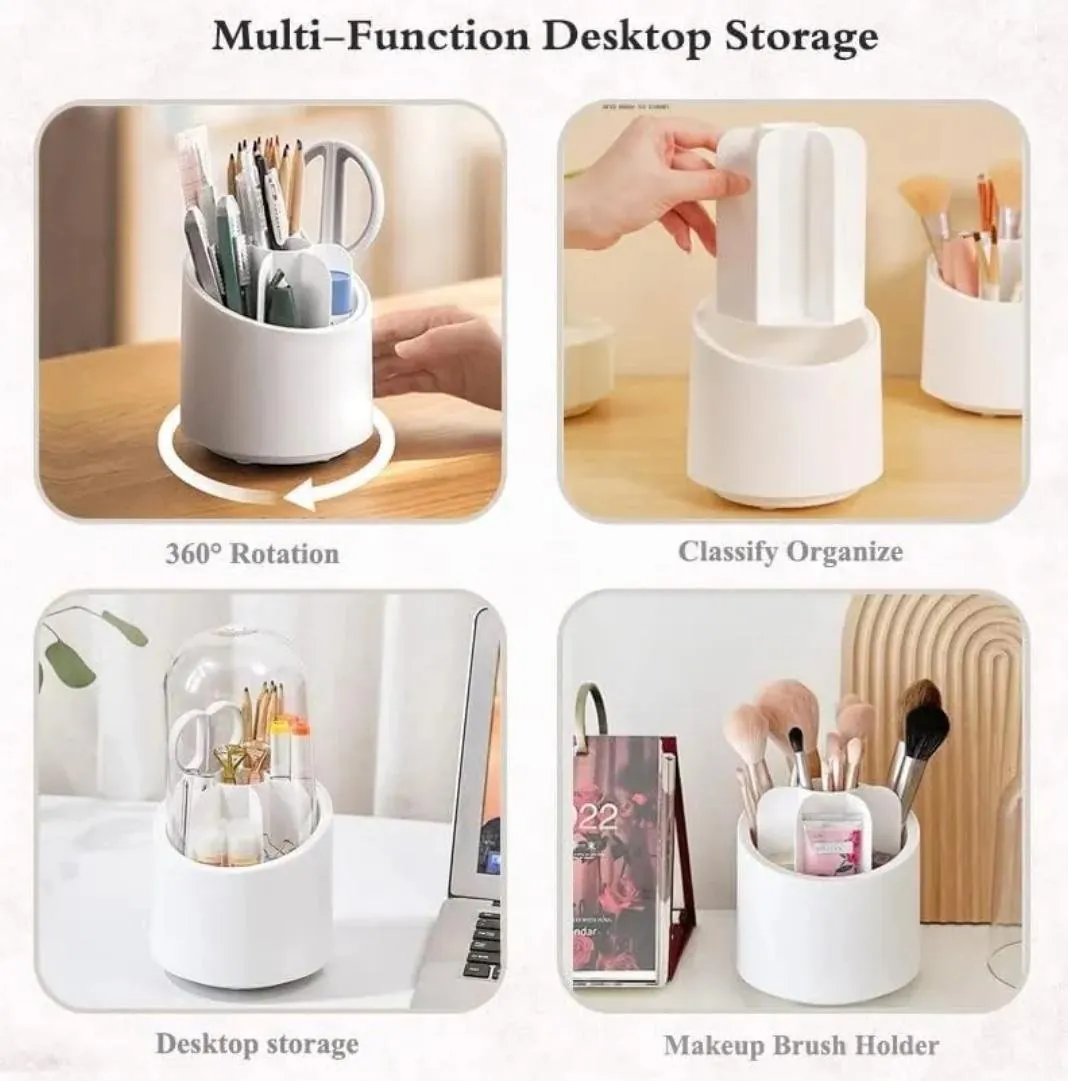 Makeup Brush Holder Organizer With Lid 360° Rotating Dustproof Printed Hard Box For Neat And Stylish Storage
