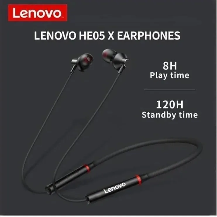 Lenovo HE05X Bluetooth 5.0 Magnetic Neckband Earphones with Mic – 8 Hours Playtime, Sweatproof Sports Headset