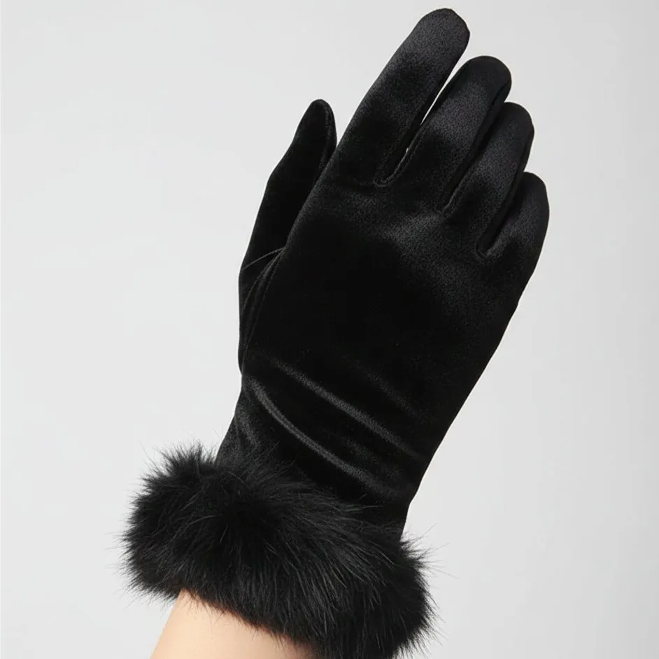 Women's & Girls Black Winter Velvet Gloves with Fur Cuff – Warm Soft Hand Gloves (1 Pair)