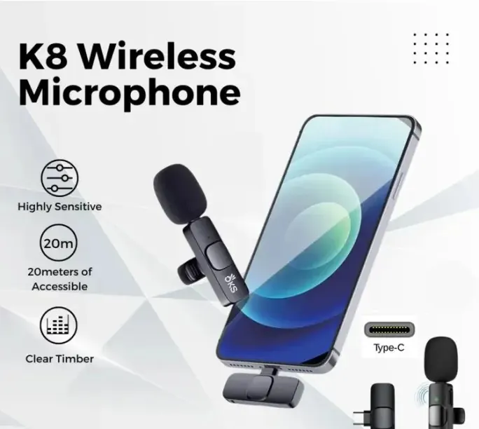 K8 Single Wireless Lavalier Microphone System | Plug-and-Play Clip-On Mic for Mobile Phones