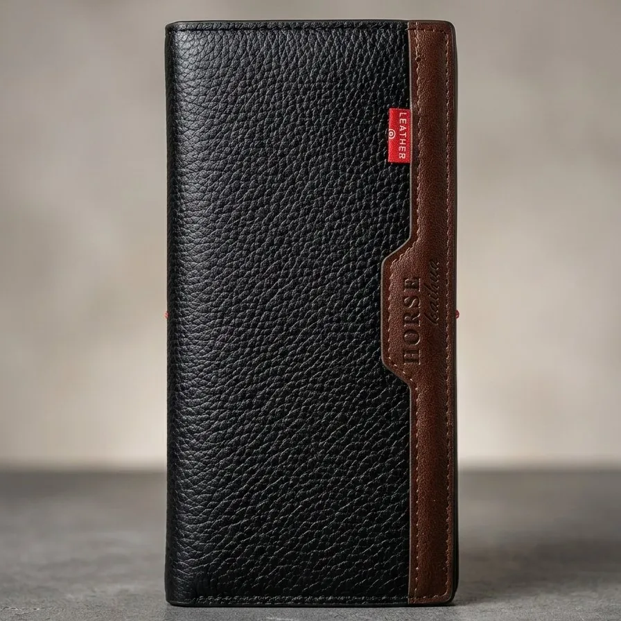 Horse Wallet for Men | Black with Brown & Camel Brown Accent | Premium Leather Long Wallet