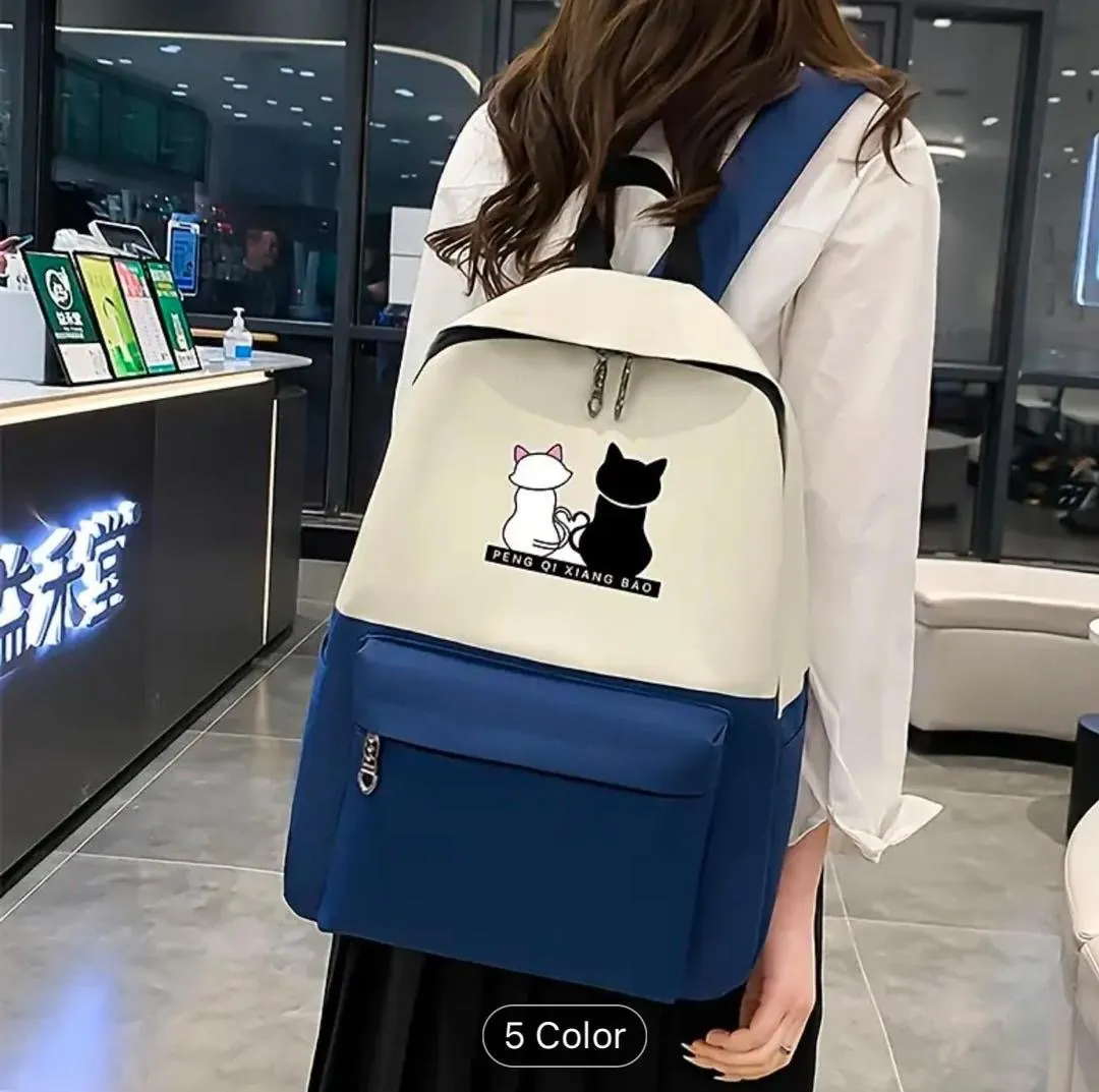 Cute Cat Print 4-in-1 School Bag Set for Girls – Backpack, Handbag, Crossbody Pouch, Pencil Case & Lunch Bag Stylish Combo