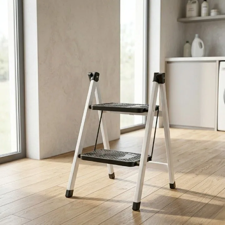 2-Step Folding Metal Stool Ladder | Compact Safety Step Ladder With Anti-Slip Treads | Frame Metal & Step Plastic - Random Colour