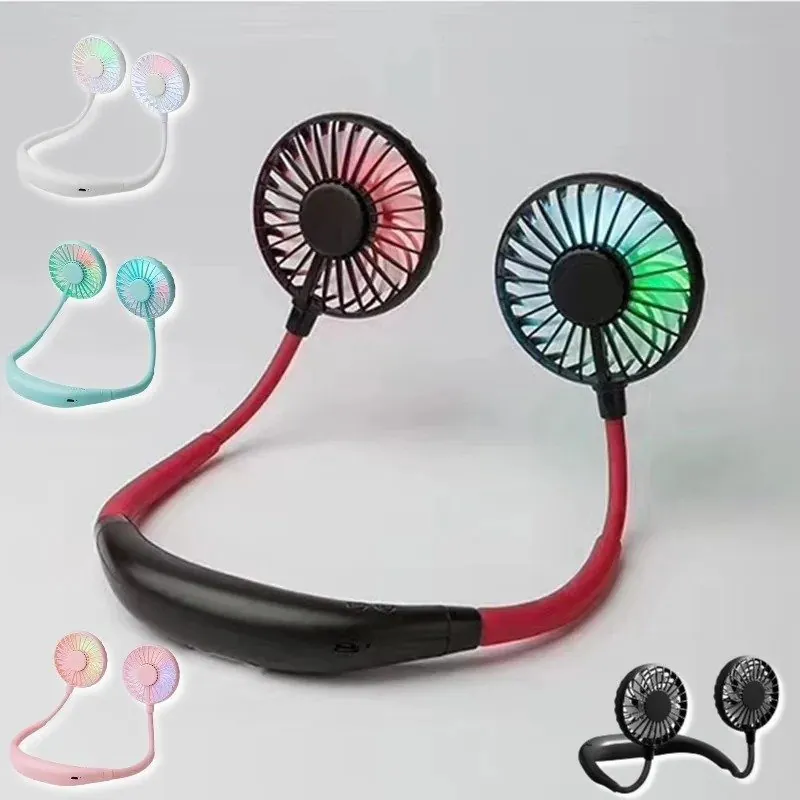 Lazy Portable Silent Neck Fan – Wearable Rechargeable Dual Fan with LED Light & 3-Speed Control (Random Color)