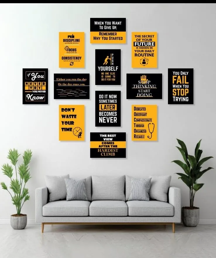 Yellow And Black Motivational Wall Art Posters 12 Pcs Set Wooden Sticky Tiles 5x7 Inches Easy Mounting