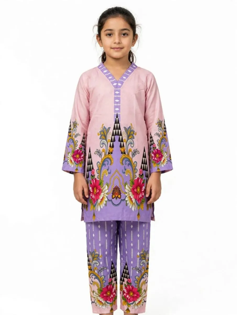 Girls Purple Printed Stitched Co Ord Set With Long Sleeve Shirt And Matching Trouser
