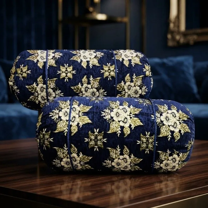 Luxury 2 Piece Soft Velvet Jacquard Gol Pillow Cover Set 36 x 17 Easy Washable Color Fast Navy Blue Floral Design