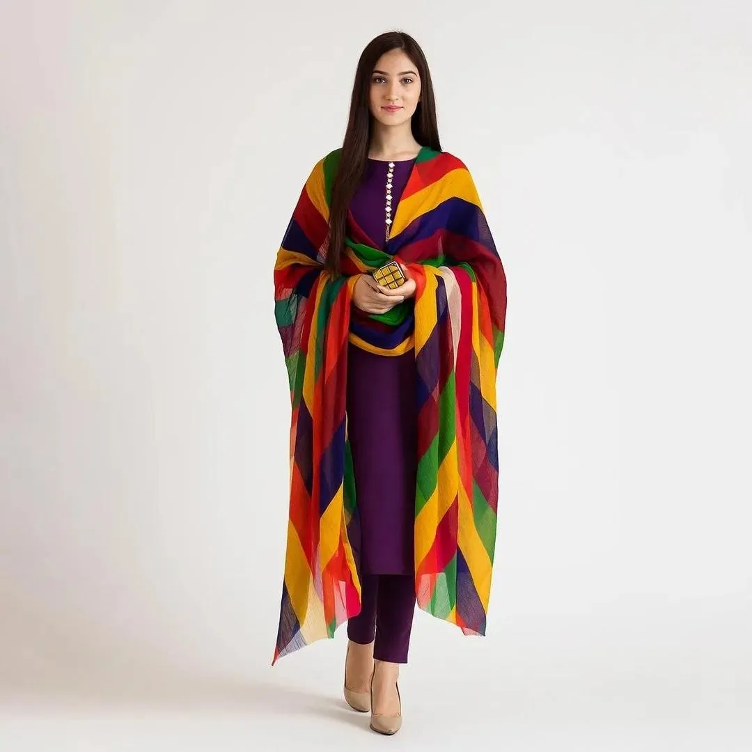 Unstitched 3-Pcs Katan Silk Suit with Multi-Color Organza Chunri Dupatta for Women – Premium Party Wear Dress Material