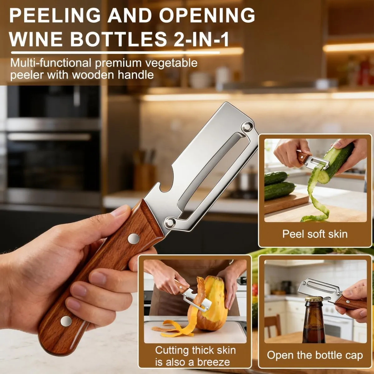 1 PCs Multi-Functional Knife Peelers For Kitchen, Multi Functional Vegetable Peeler, 2 In 1 Multi Functional Wooden Handle Peeler And Bottle Opener