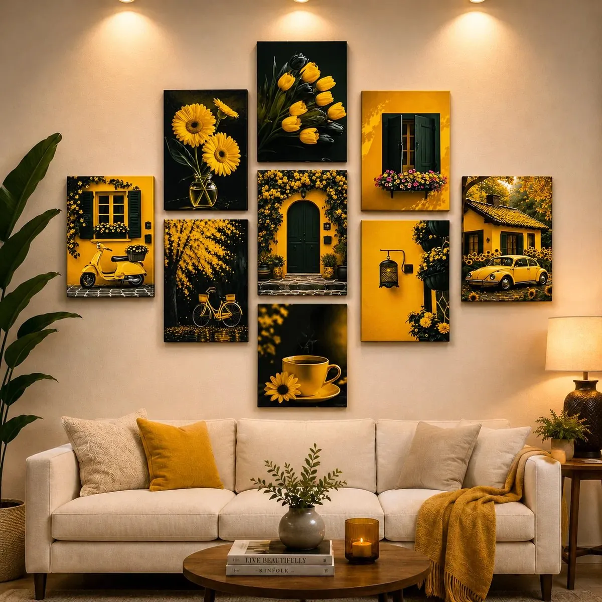 Set of 9 Pcs Yellow Theme Sticky Wall Art Tiles