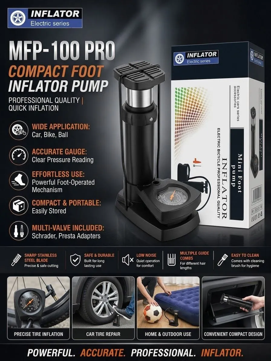 MFP-100 PRO Compact Foot Inflator Pump With Pressure Gauge And Multi-Valve Adapters For Cars, Bikes, Balls And Inflatables (Random Color)
