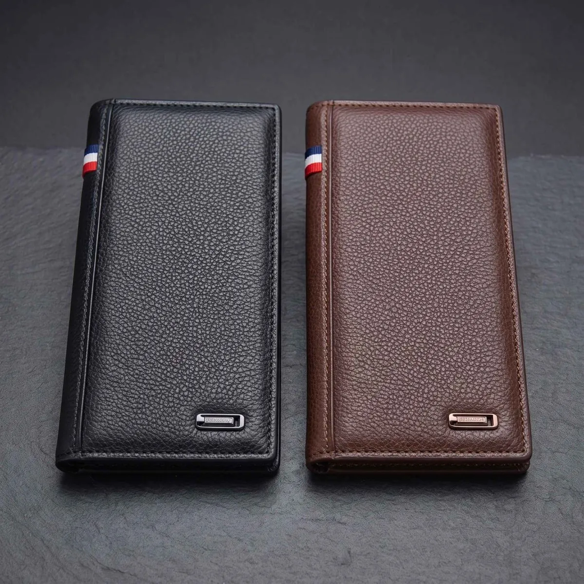 Men's Imported Long Textured Leather Wallet Clutch with Tricolor Accent