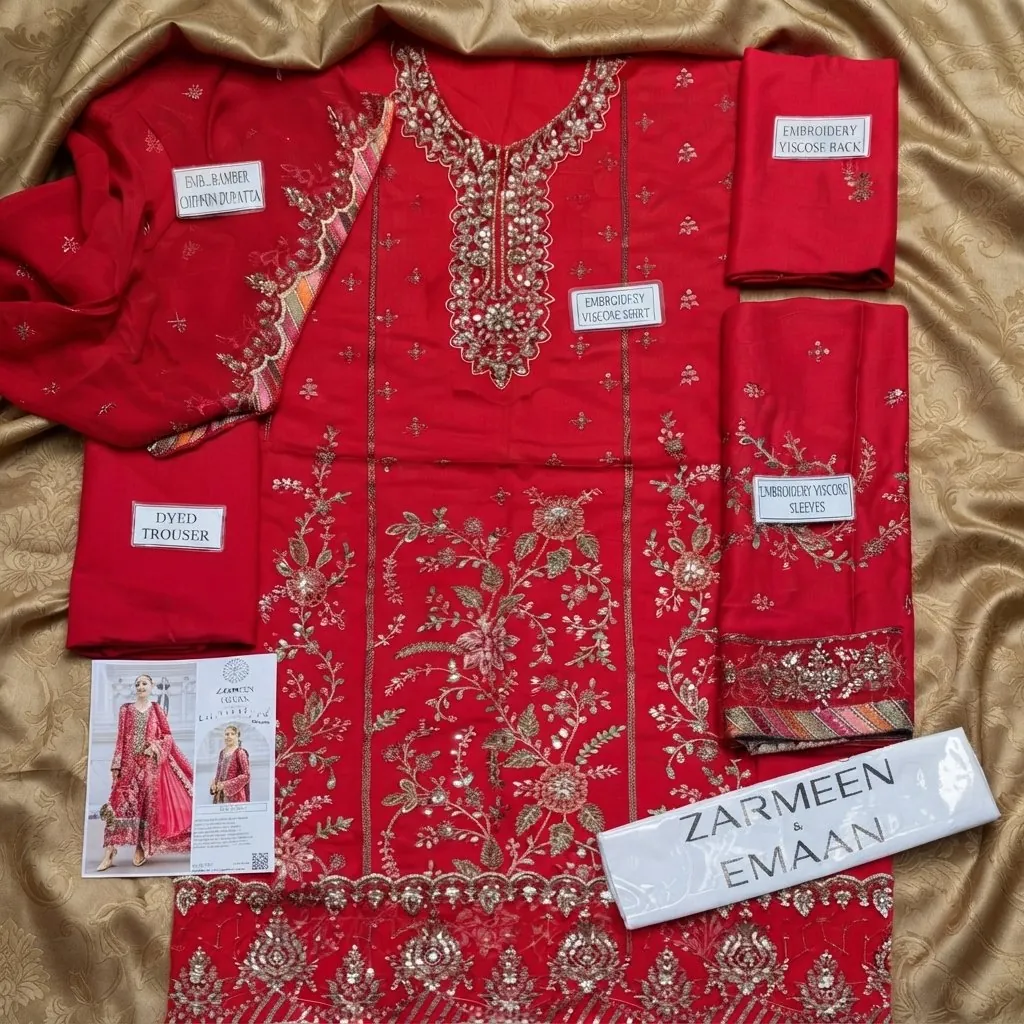 Zarmeen Emaan Luxury Embroidered Collection Shirt Front Back Sleeves Neckline Daman Patch Premium Viscose Trouser Pure Bamber Dupatta