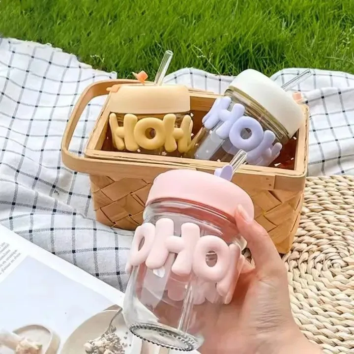 Trendy Pearl Handle Glass Water Bottle with Straw (Random Color)