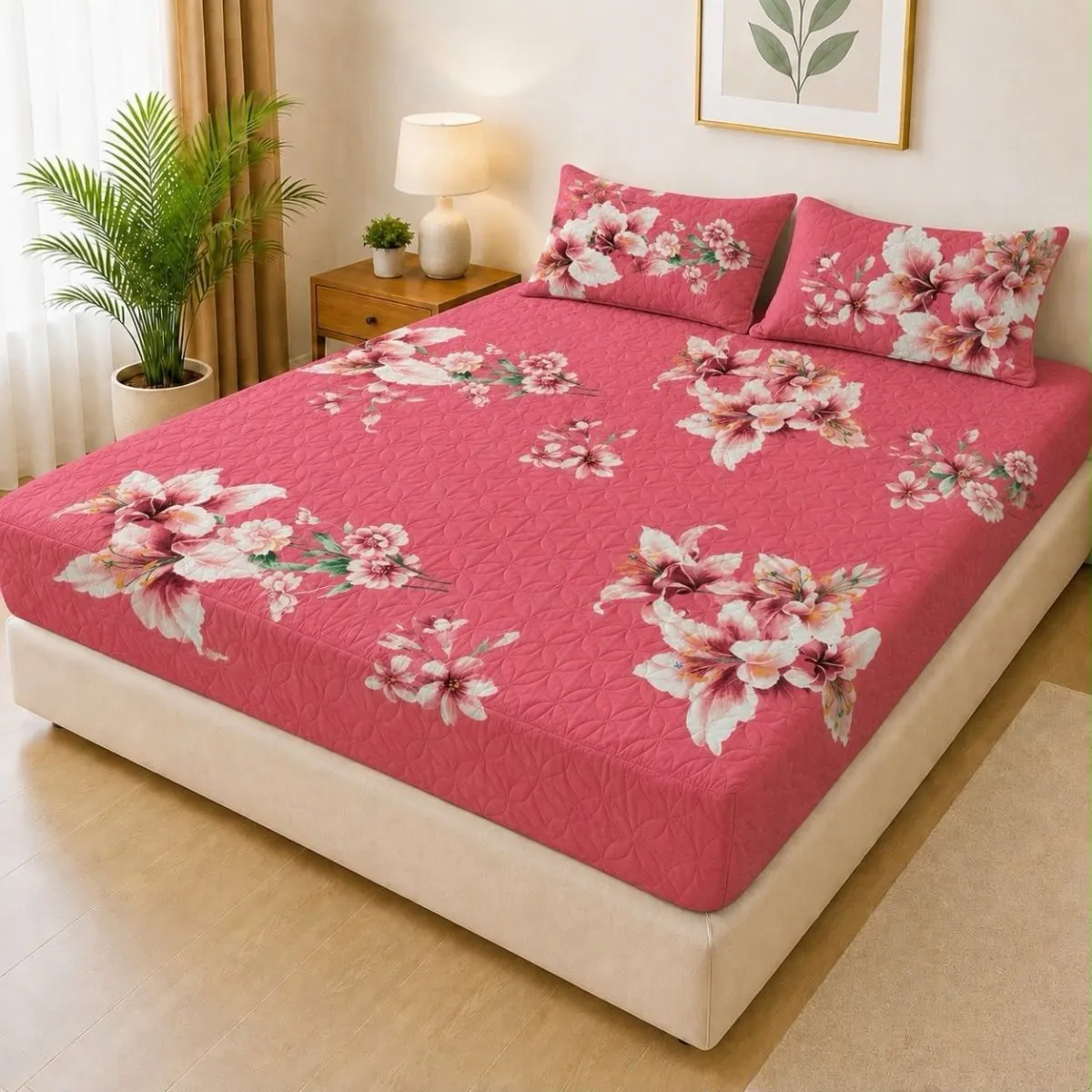 Printed Fancy Quilted Waterproof Fitted Mattress Protector Set with 2 Pillow Covers - King Size