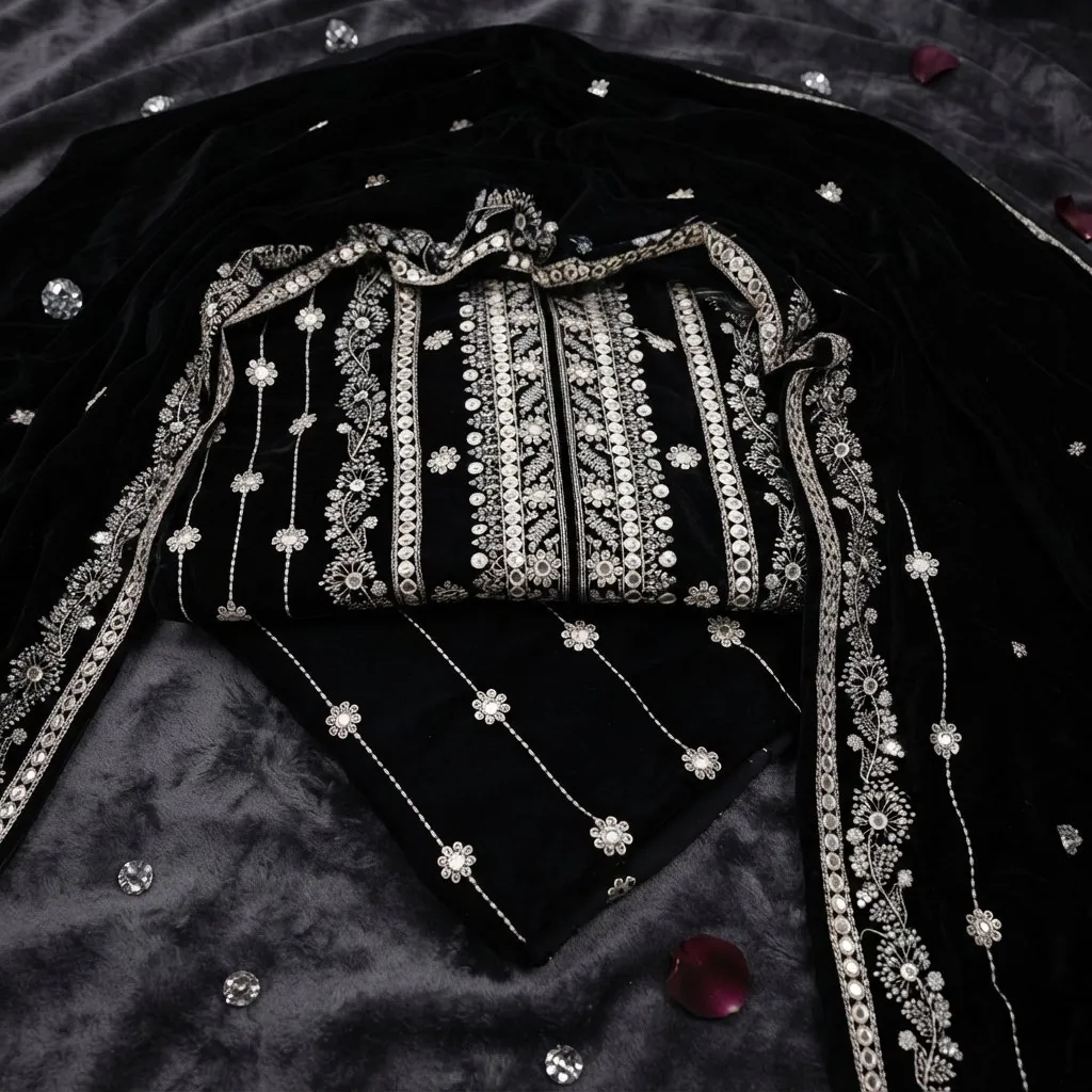 Premium Velvet Unstitched Suit Intricate Embroidery Soft Comfortable Fabric Includes Shirt Trouser Dupatta Perfect For Winter And Formal Wear