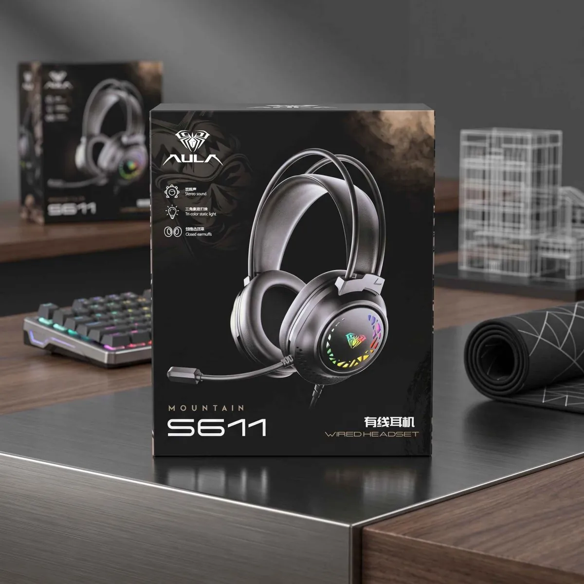 AULA S611 Wired Gaming Headset featuring immersive stereo sound, tri-color static LED lighting