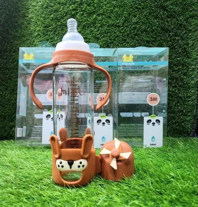 Premium 240ml Baby Feeder Glass Bottle with Handles | Anti-Colic Regular Nipple & Cute Cartoon Protective Silicone Sleeve | 4 Attractive Colors (3M+)