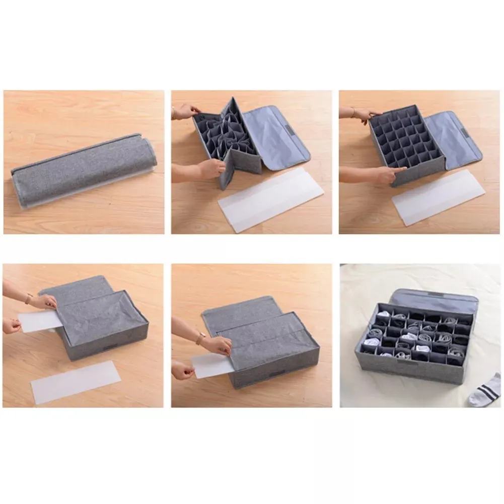 Socks Organizer | Drawer Organizer Divider Underwear Organizer, 24 Cell Collapsible Closet Cabinet Organizer Underwear Storage Boxes (Grey color)