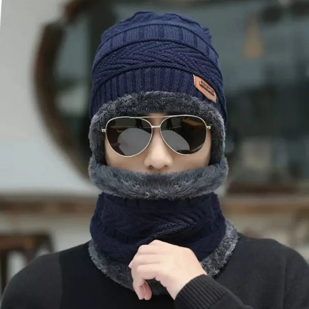 Winter Cap and neck Elastic Knitting Thick Fleece Warm Woolen Beanie Cap Sport Hat & Neck Scarf Set 2 Piece(Random colors)