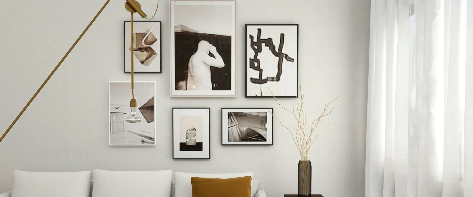 Modern living room with a gallery wall of framed art