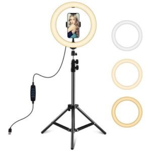 26CM LED Ring Light with Mobile Holder, 7ft Tripod Stand, 3 Light Colors, Dimmable USB Selfie Ring Light for Videography and Photography - Stand + Mobile Holder + Ring Light