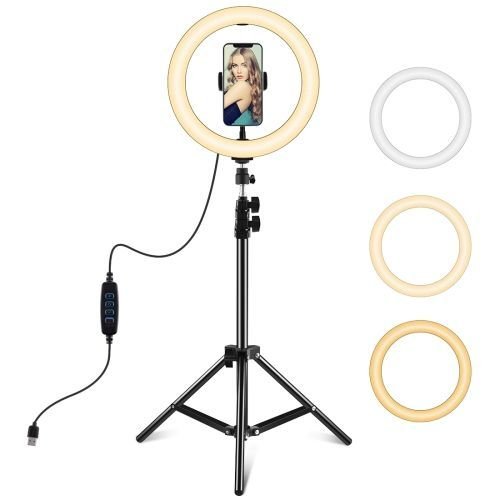 26CM LED Ring Light with Mobile Holder, 7ft Tripod Stand, 3 Light Colors, Dimmable USB Selfie Ring Light for Videography and Photography - Stand + Mobile Holder + Ring Light